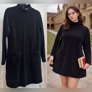 Black Mock Neck Women Corduroy Mini Dress Black Soft Pockets Zip